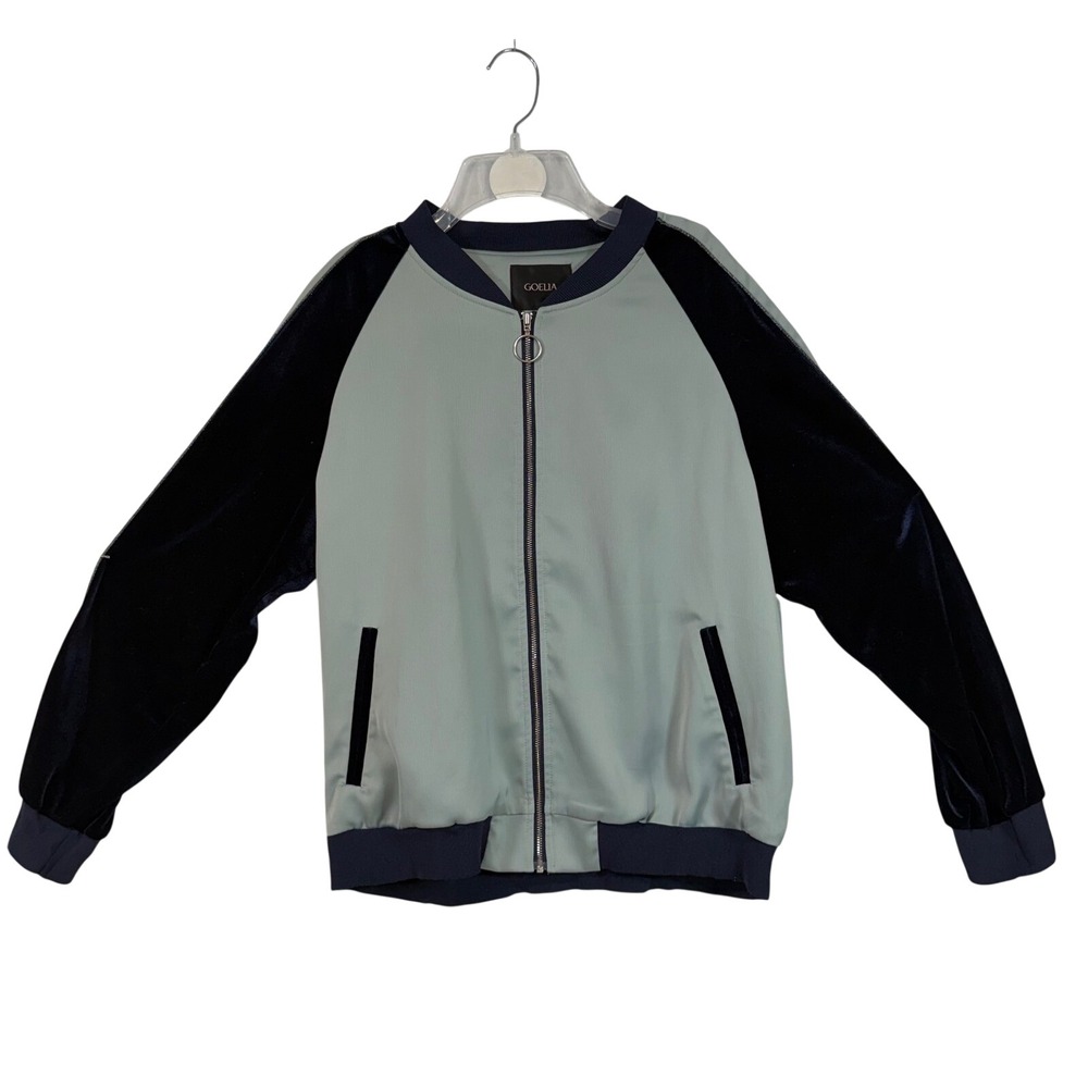Goelia Bomber Jacket Small S‎ Blue Green Velvet Embroidered Colorful Magic